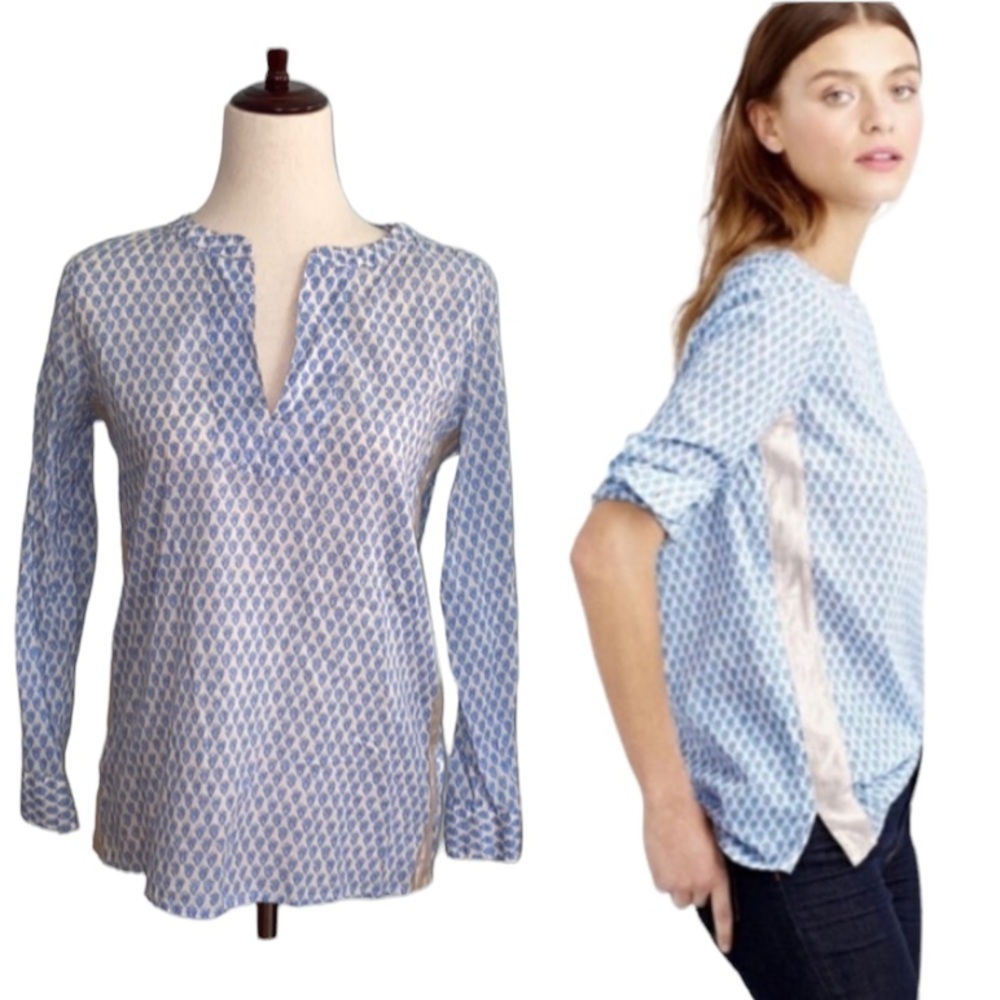 J. Crew Floral Block Light Blue White Gold Printed Semi Sheer Tunic Top - 0